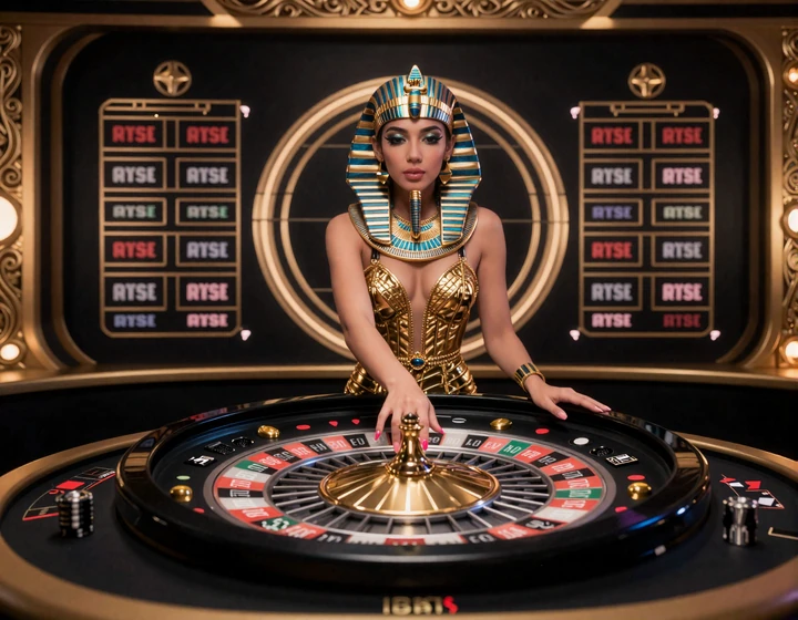 Live-Casino Studio mit Dealerin am Lightning Roulette und &auml;gyptischer Dekoration